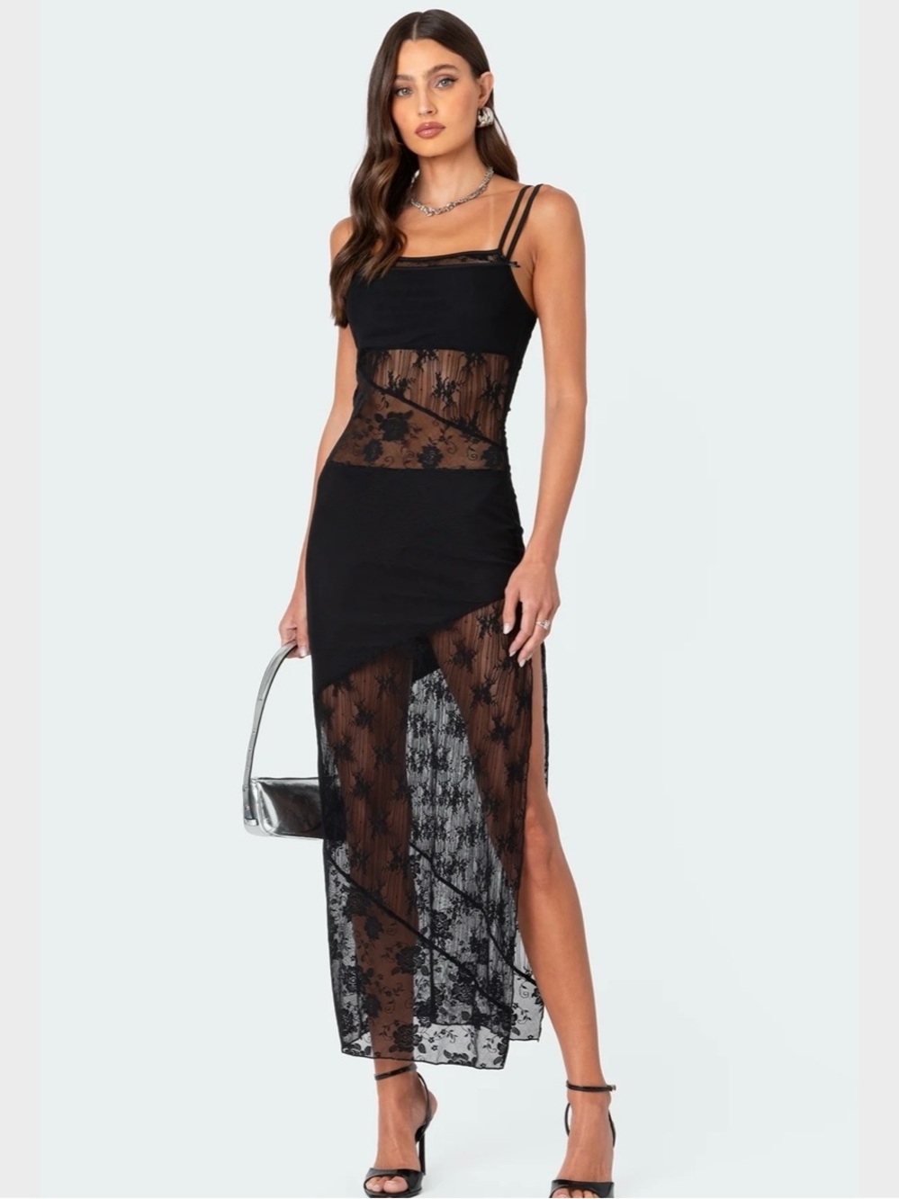 Edikted Sheer Mesh & Lace Patchwork Maxi Dress